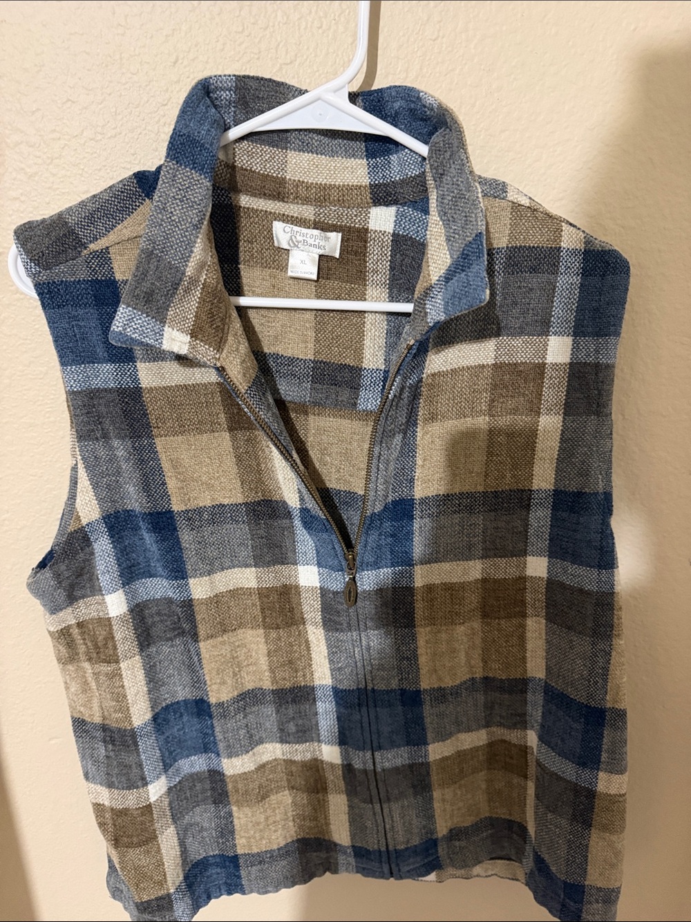 Vintage Christopher & Banks Plaid Zip-Front Vest in Blue & Brown